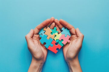 Autism Spectrum Disorder family support concept. Hands cradling a heart made of puzzle pieces