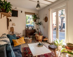Cozy bohemian living room with plants, vintage furniture, and a warm atmosphere. Perfect for blogs, magazines, and websites showcasing home decor and interior design.