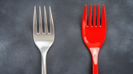 Metal and Plastic Forks Side by Side on Dark Background
