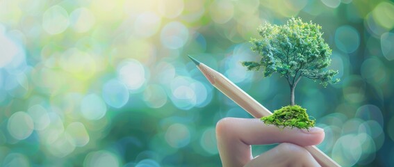 concept of saving the world tree in human hand space for text.