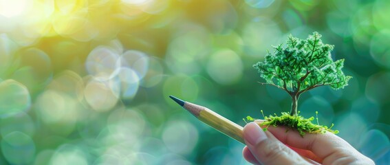 concept of saving the world tree in human hand space for text.