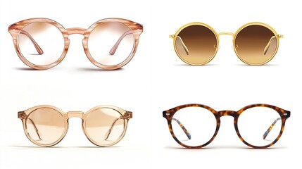 Four stylish eyeglasses, round and oval frames, various colors and tints.