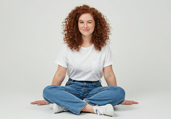 Young woman with red hair sitting cross legged in studio setting for lifestyle or health content