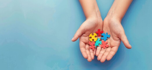 Autism Spectrum Disorder family support concept. Hands cradling a heart made of puzzle pieces