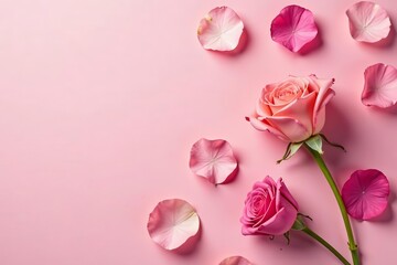Tea rose petals scattered on pink backdrop, soft pastel colors, delicate floral arrangement, delicate, pink, tea rose