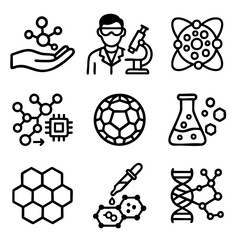 A set of doodle line icons representing nanotechnology and molecular research, including atoms, lab equipment, DNA, hexagons, and chemical bonds