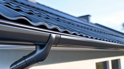 Exterior view of a dark gray gutter system on a house.