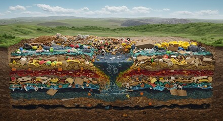 Hyperrealistic Cross Section of a Landfill Illustrating Layered Composition of Waste Materials and Contaminants Under Clear Blue Sky Over Green Fields
