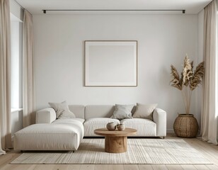 Modern minimalist living room interior design. Beige sofa, wooden coffee table, pampas grass, and a large framed picture create a calm and serene atmosphere.