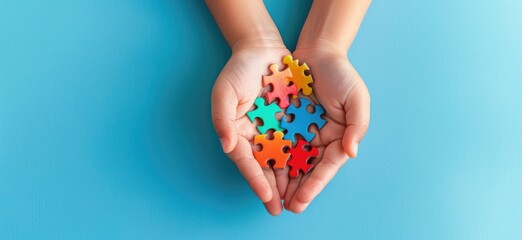 Autism Spectrum Disorder family support concept. Hands cradling a heart made of puzzle pieces