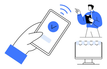 Hand holding mobile phone with approval checkmark, professional man presenting with clipboard, digital desktop calendar. Ideal for technology, communication, productivity, planning, work