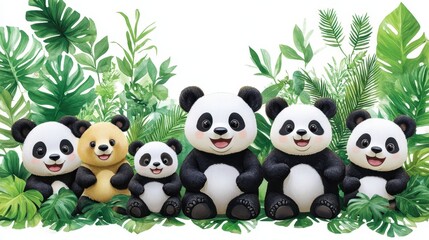 Obraz premium Illustrative panda family amidst lush foliage evoking playful whimsy and the wonders of wildlife with a touch of environmental charm and joy