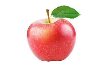 Close-up image of a bright red , showing its smooth skin and a green leaf,  isolated against a solid background.