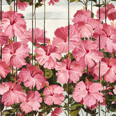 Seamless Pattern of Hibiscus Flowers for Wallpaper and Art Print