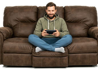 Man enjoying digital tablet on comfortable couch relaxation and leisure concept