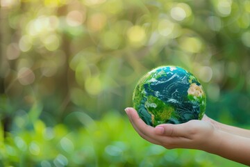 Two hands cradle a miniature Earth against a vivid blue background, symbolizing care and responsibility for our planet