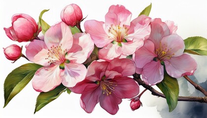 Apple tree blossom, watercolor illustration of spring flower garden isolated white backgrou