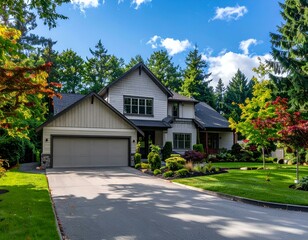 Obraz premium Dream house on a sunny day. Suburban home with beautiful landscaping and driveway.