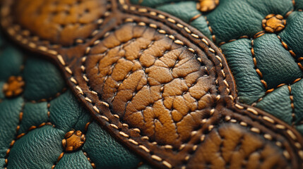 Fototapeta premium Close-up of textured leather craftsmanship, showcasing intricate stitching and color contrast. Detailed view of artisan work