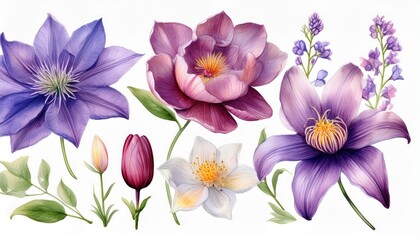 Beautiful flowers set on isolated white background, watercolor illustration, clematis, orch