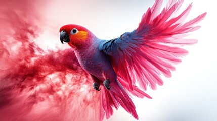 Exotic parrot in flight amidst vibrant red smoke creating a vivid and artistic display capturing the essence of tropical wildlife and vibrant energy