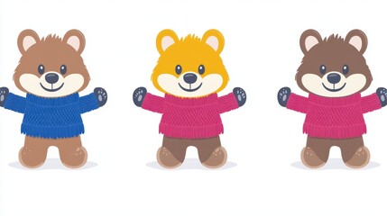 Obraz premium Three adorable pixel art cartoon animals in colorful sweaters, perfect for children's illustrations and cheerful designs with retro 8-bit charm