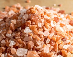 Close-up shot of a pile of pink Himalayan salt crystals.  The image showcases the texture and color variations within the salt.