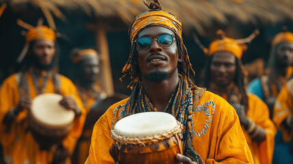 A vibrant drummer, focused on music, amid a group of musicians  Traditional attire, warm colors, and cultural expression