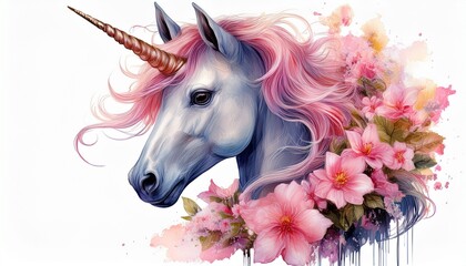 beautiful unicorn with pink flowers on an isolated white background, watercolor illustratio