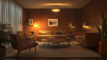 Warmly lit mid-century modern living room with wooden walls and stylish furniture