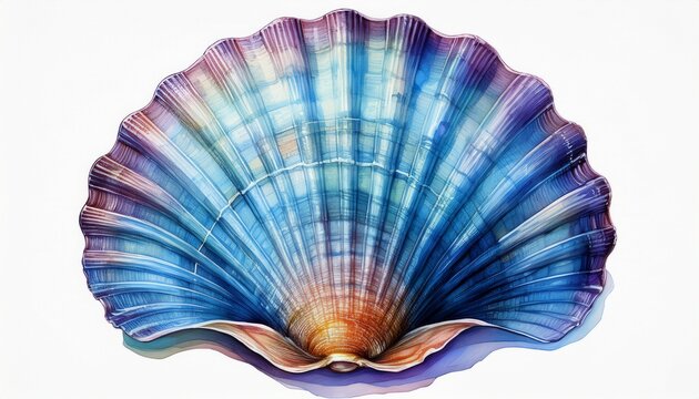 blue scallop shell, sea shell, watercolor painting ocean nature, marine life art, seashell