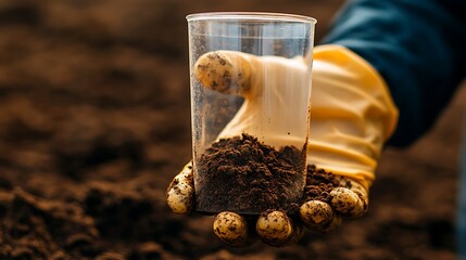 Close-up of scientist hand holding test tube with soil sample.