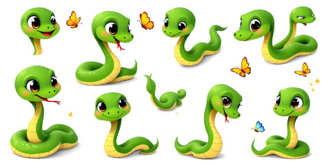Obraz premium Cute Green Snakes Collection with Butterflies Cartoon Vector Art