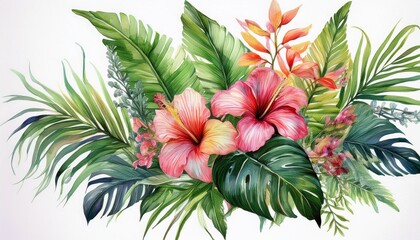 Fototapeta premium bouquet tropical palm leaves and flowers on isolated white background, watercolor illustrat