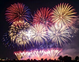 Spectacular fireworks display over a crowd at night. Vibrant colors and dazzling patterns light up the dark sky.