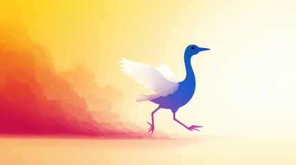 Obraz premium Pixelated bird strides confidently amidst warm hazy tones evoking retro game art style and graceful movement under sunlit ambience on horizon