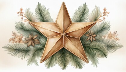 Christmas star beige Isolated. Winter watercolor illustration for design holiday decoration