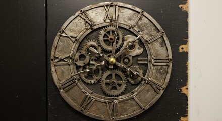 Fototapeta premium Unique Clock Made of Metal Scraps Displaying the Passage of Time on Dark Wall Showcasing Creativity in Resourceful Design Ideal for Decoration or Conceptual Art