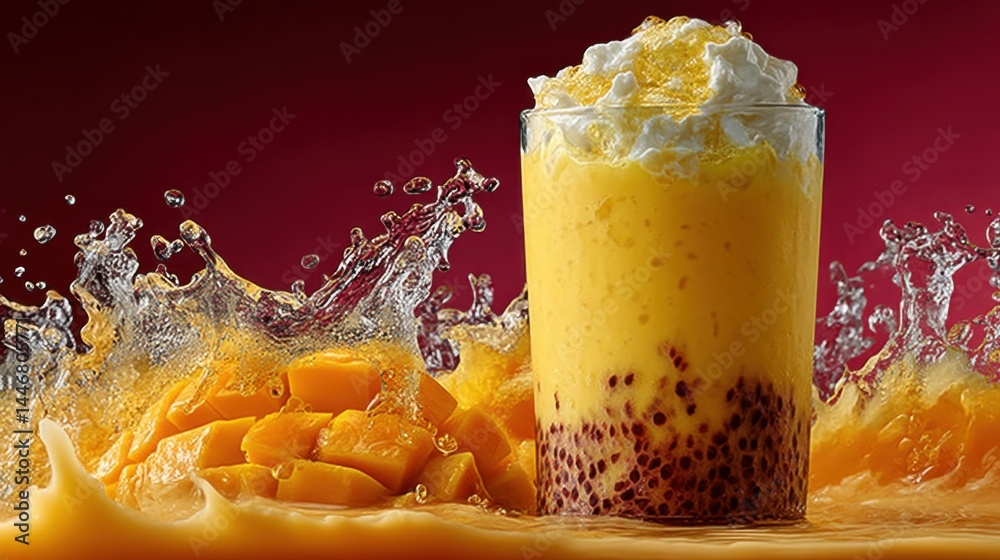 Poster delicious mango smoothie with whipped cream and bursting mango splash on red background