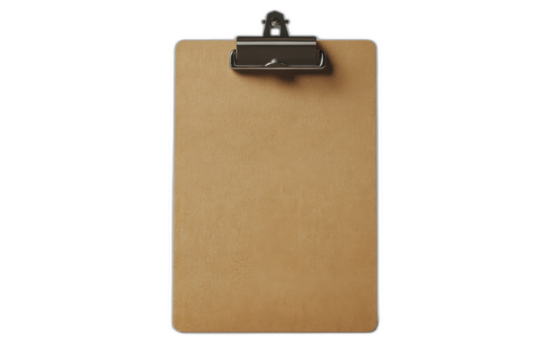 Clipboard with silver clip, lined paper, top view isolated on transparent background.