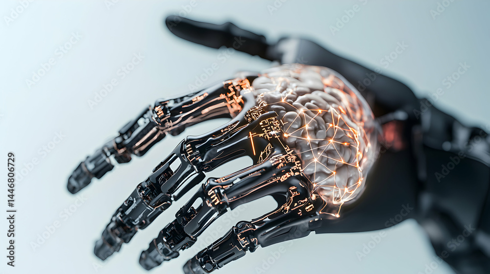 Poster a robotic hand with a brain structure suggests advanced ai. it could symbolize breakthroughs in bioe