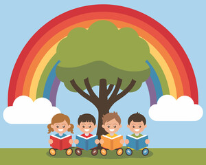 Happy Children Reading Books Under Rainbow Tree - Kids Education Illustration