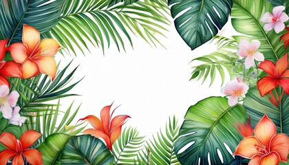 Naklejka premium Frame from palm leaves and flowers on isolated white background, watercolor tropical design