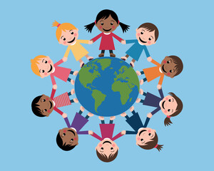 Diverse Children Holding Hands Around Earth Globe - Global Unity, Friendship, Teamwork Illustration
