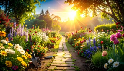 Serene garden path at sunrise, vibrant flowers, gardening tools.