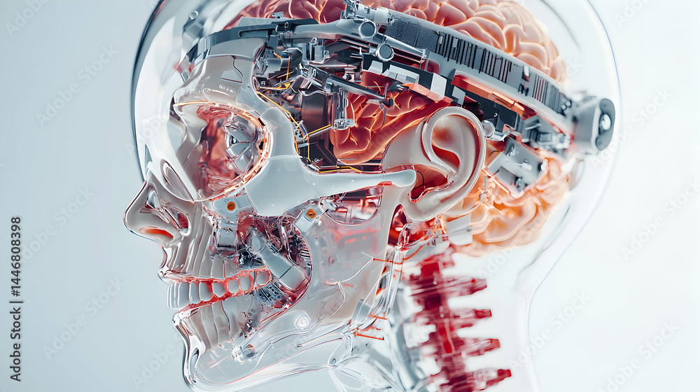 Poster this image showcases a futuristic concept of a brain-computer interface. it suggests applications in