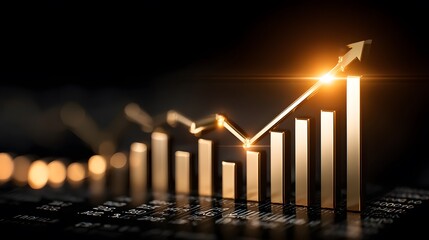 Golden Bar Chart Showing Financial Growth and Profit Increase with Upward Arrow – Business Success, Investment, and Market Performance Concept