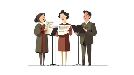 Obraz premium Three people singing together, holding sheet music. They are dressed in formal attire, likely a choir or chorus