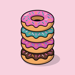 Stack of Four Glazed Donuts with Sprinkles: Pink, Teal, Purple, Chocolate - Sweet Treat Bakery Illustration