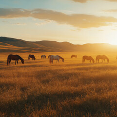 Fototapeta premium Golden sunlight casting over a group of horses grazing in an endless open pasture, warm and breathtaking, UHD 8K 